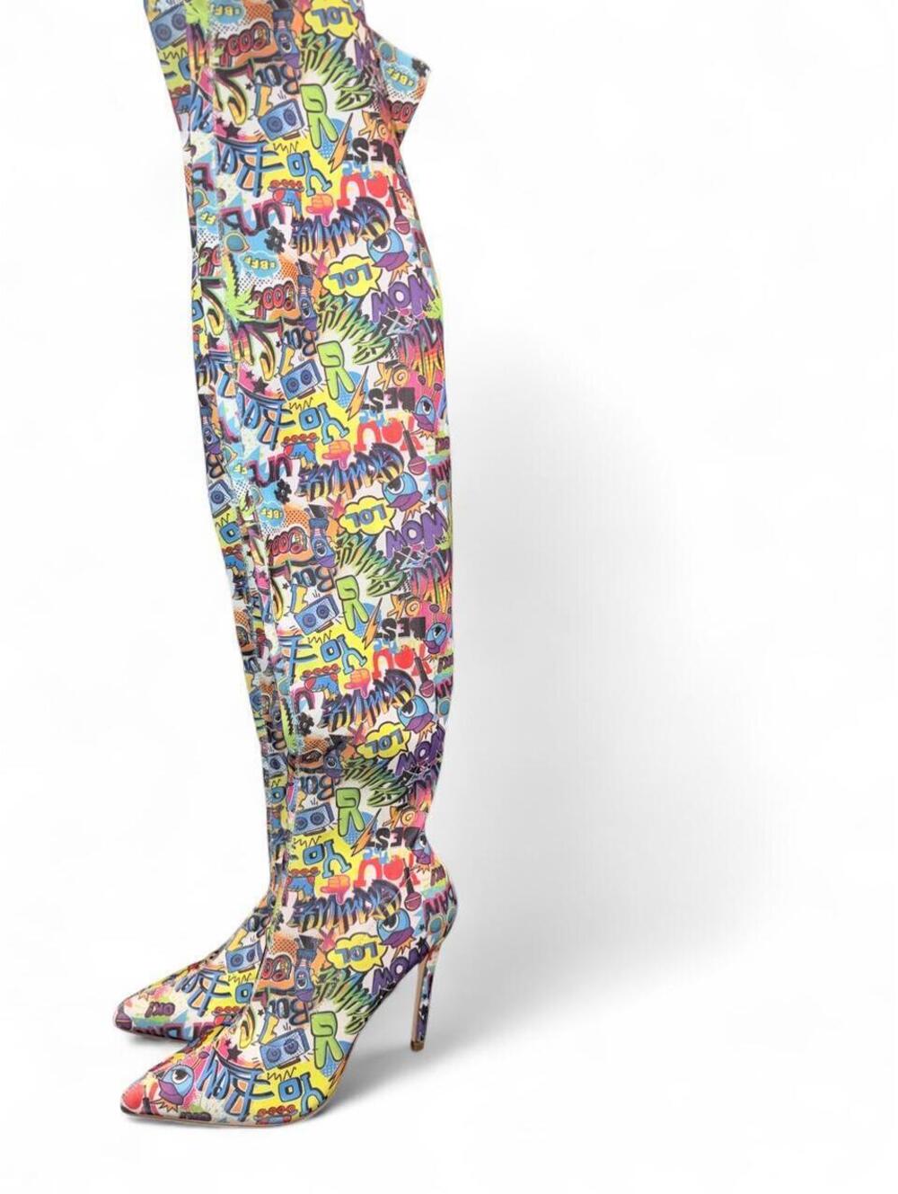 Liliana Gisele-7B Graffiti Print Thigh-High Stiletto Boots - White/Multi